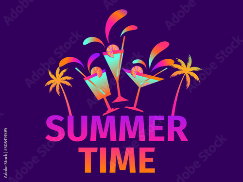 Alcoholic cocktails with umbrellas and fruit slices. Alcoholic cocktails and palm trees poster. Summer time. Design for banners, posters and promotional items. Vector illustration