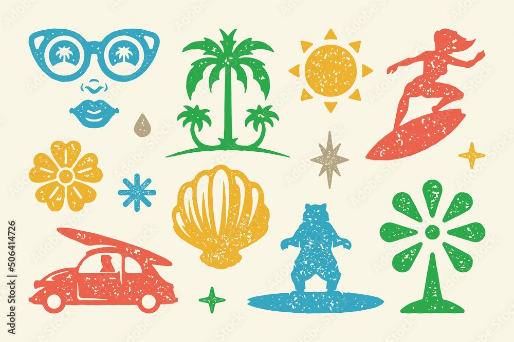 Summer symbols and objects set vector illustration. Bear on board and surfers car