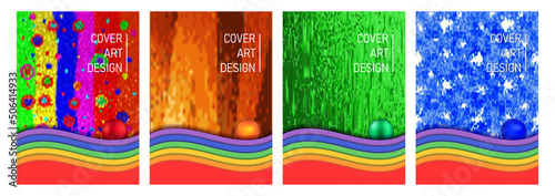 A set of vector abstract art covers in a single corporate style. Iridescent wavy pattern on turbid colored backgrounds. Design samples