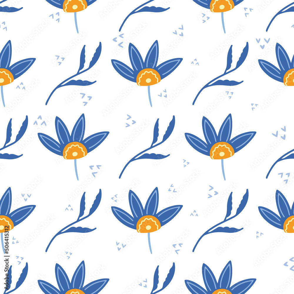 Flowers and leaf seamless pattern. Scandinavian style background. Vector illustration for fabric design, gift paper, baby clothes, textiles, cards Flowers and leaf seamless pattern. Scandinavian style background. Vector illustration for fabric design, gift paper, baby clothes, textiles, cards