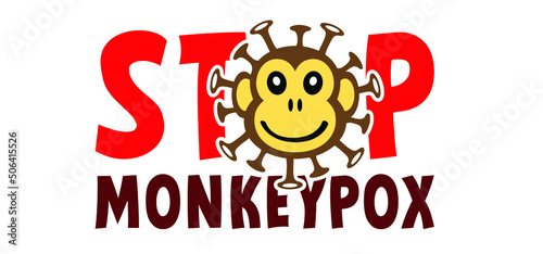 Cartoon monkey virus or monkeypox. Stop the virus belongs to the genus Orthopoxvirus in the family Poxviridae. infectious disease. Ape face with yellow banana. Vector monkey pox symbol or icon. photo