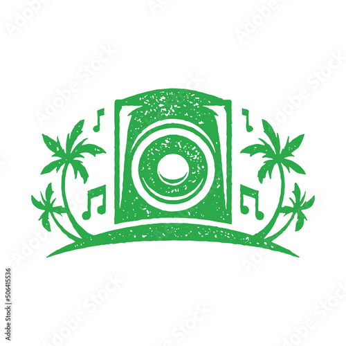 Sound bass audio system at tropical island surrounded by flying musical notes green grunge texture