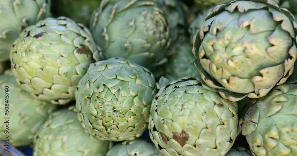 Fresh green artichoke on the counter of farmers market