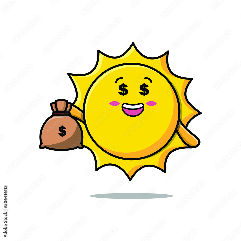 Cute cartoon Crazy rich sun with money bag shaped funny in modern design