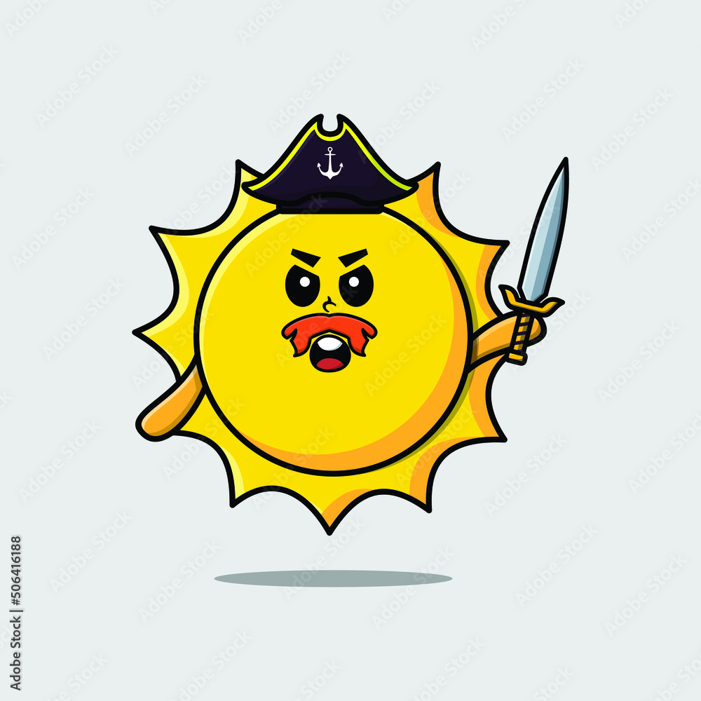 Cute cartoon mascot character sun pirate with hat and holding sword in modern design