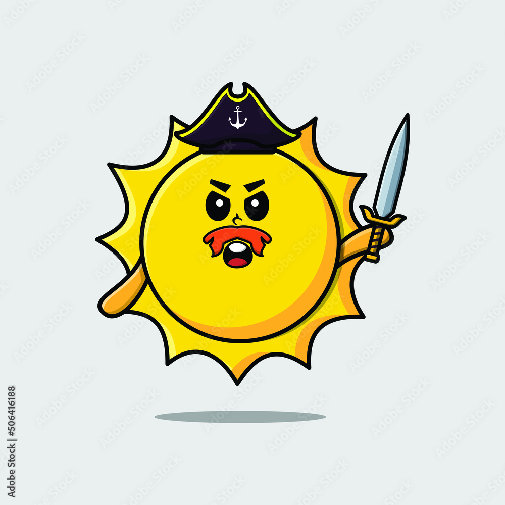 Cute cartoon mascot character sun pirate with hat and holding sword in modern design Cute cartoon mascot character sun pirate with hat and holding sword in modern design