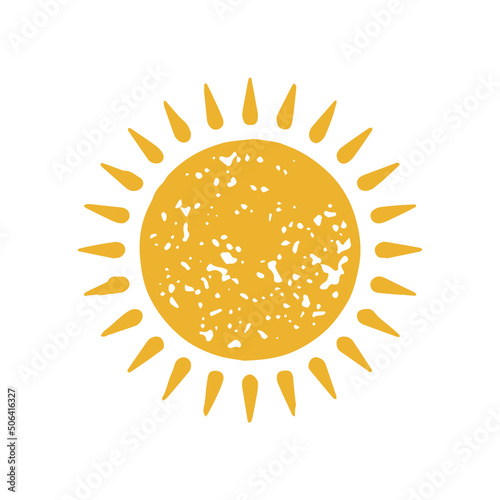 Decorative yellow circle sun surrounded by shining beams drop shape hand drawn grunge texture