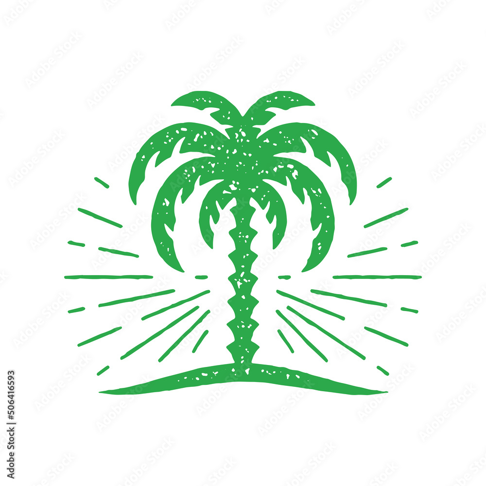 Minimalist hand drawn bright tropical palm tree shining decorative design green grunge texture