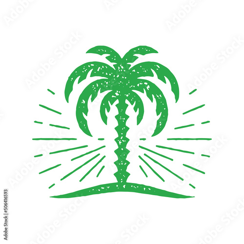 Minimalist hand drawn bright tropical palm tree shining decorative design green grunge texture