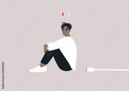 Body budget, a low battery conceptual illustration, a young exhausted male African character in need to restore the energy balance