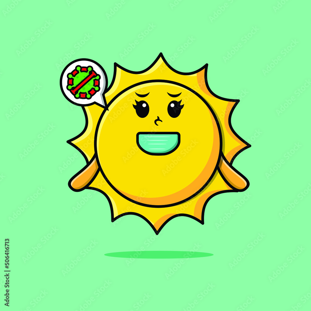 Cute cartoon illustration sun using mask to prevent corona virus in cute modern style design