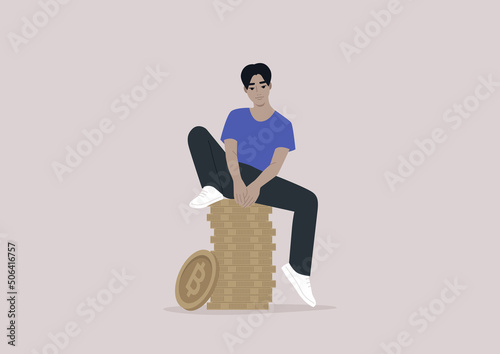 A young character sitting on a stack of bitcoins, a crypto market banking service concept