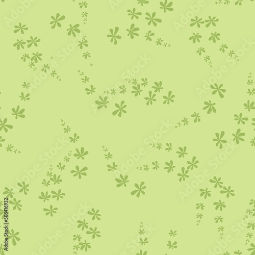Vector pattern with small green flowers on a light green background. Liberty style millefleurs. Simple floral, elegant ornament. Repeat design for decor, textile, wallpaper, print, tile
