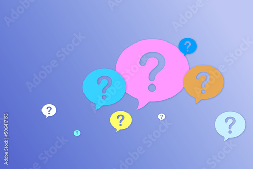 Creative colorful digital question marks on blue backdrop. FAQ and app concept. 3D Rendering.