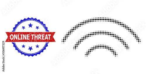 Halftone wireless waves icon, and bicolor grunge Online Threat seal stamp. Halftone wireless waves icon is designed with small round items. Vector seal with grunge bicolored style,