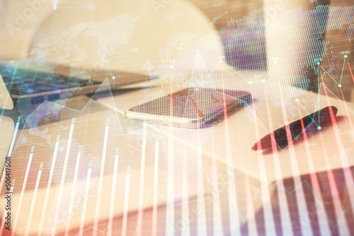 Wallpaper Mural Double exposure of forex graph drawing and cell phone background. Concept of financial data analysis Torontodigital.ca