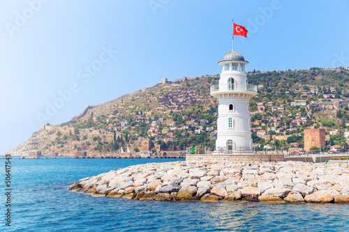 Obraz na płótnie Alanya lighthouse with fortress on the background on a sunny summer day w salonie