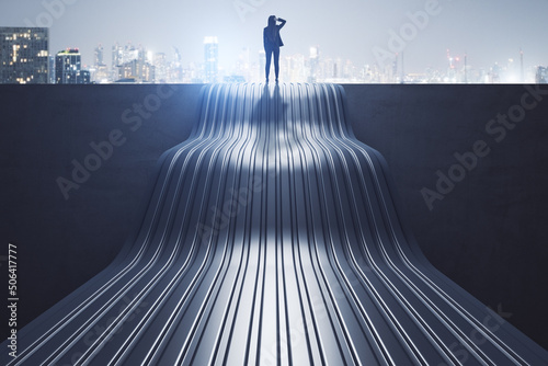 Back view of thoughtful young businesswoman standing on abstract wave staircase on city background. Career, success and growth concept.