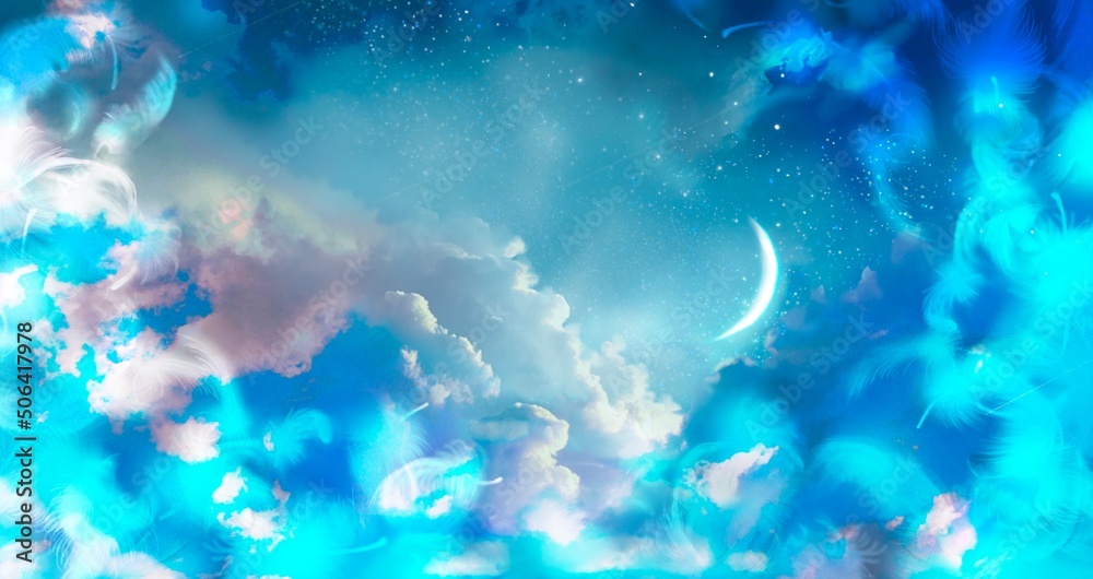Illustration of mysterious background of blue night sky with fluffy white and blue angel wings and colorful clouds. 