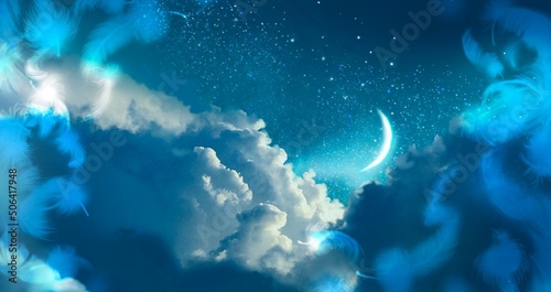 Photography Illustration of mysterious background of blue night sky with fluffy white angel wings and colorful clouds