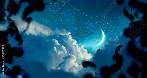 Foto Illustration of mysterious background of blue night sky with fluffy black  devil wings and colorful clouds