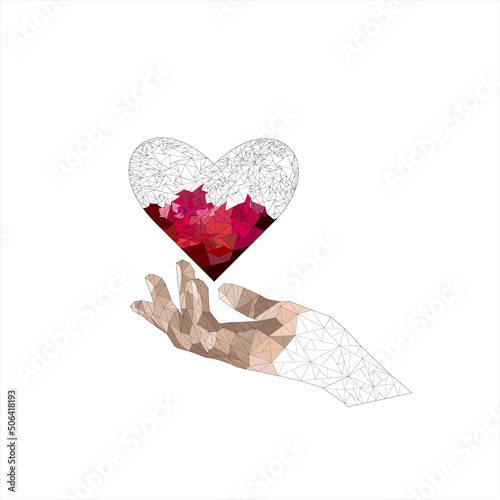An abstract hand holding a heart. A symbol of filling care and love. Vector illustration