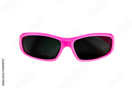 Bright pink plastic sunglasses with dark lenses isolated on white background.