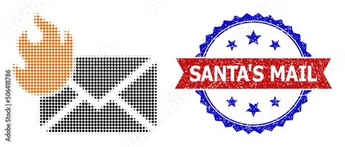 Halftone hot letter icon, and bicolor grunge Santa'S Mail watermark. Halftone hot letter icon is constructed with small circle dots. Vector imprint with grunge bicolored style,