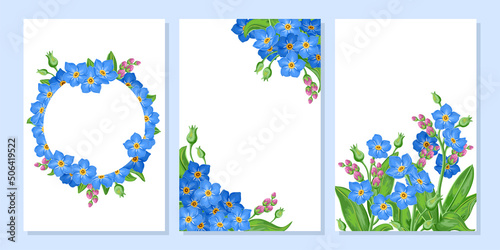 set of greeting card with blue forget-me-not flowers.  vector illustration