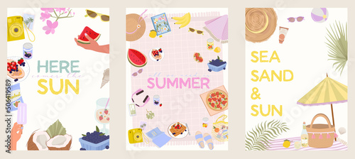 Collection of Summer Poster. Summer picnic, season food, leisure activity, summer beach activity. Illustration for banners, posters, promotion, presentation templates. Editable Vector