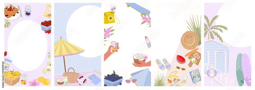 Collection of vertical template with place for photo. Summer photo frame with cute summer objects. Social media template. Editable vector illustration.
