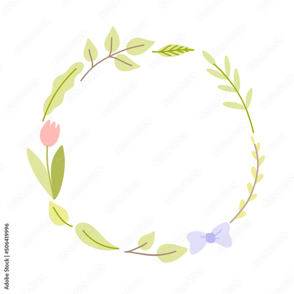Naklejka premium Wreath of spring elements - leaves, branches, tulip and bow. Hand drawn flat style illustration. 