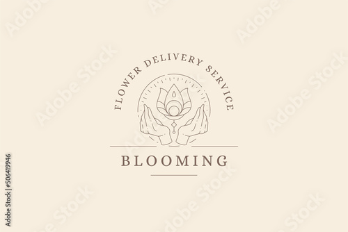 Esoteric logo bright lotus in human hands mindfulness spiritual organic spa relaxation minimalist vector