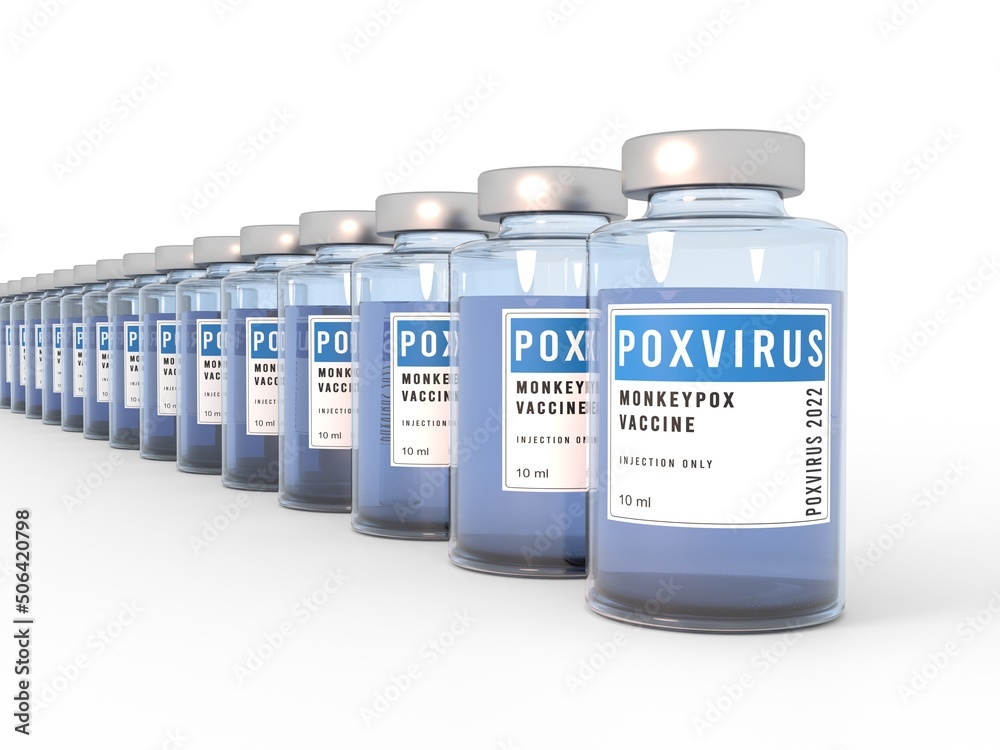 Monkeypox pox poxvirus vaccine glass bottles. Plenty of bottles on white background with shadow. 3D illustration. Middle point of view. Monkeypox pox poxvirus vaccine glass bottles. Plenty of bottles on white background with shadow. 3D illustration. Middle point of view.