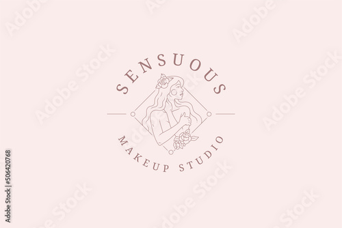 Pretty female long hair naked body rose flower decorative frame linear minimalist logo vector