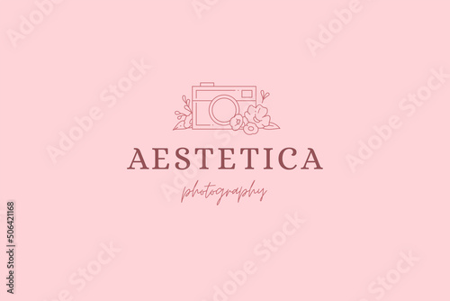 Gorgeous photo camera lens blossom botanical beauty blog line art emblem vector illustration