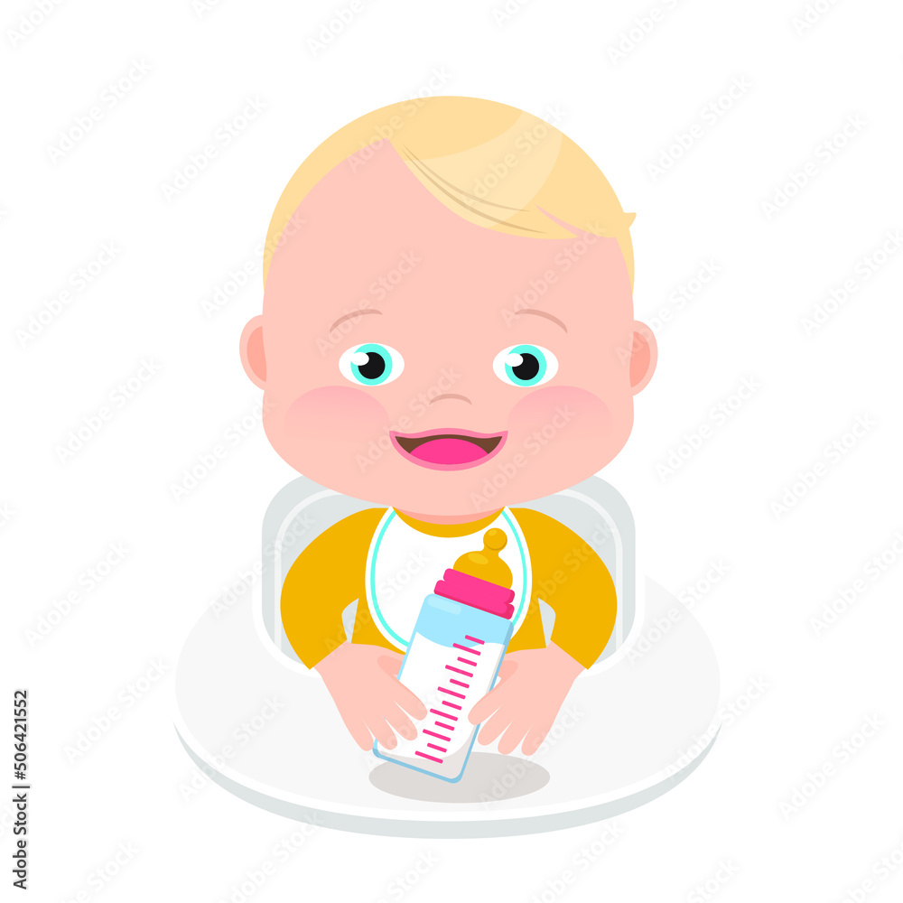 Cute little blue eyes baby boy with a baby milk bottle, cartoon ...