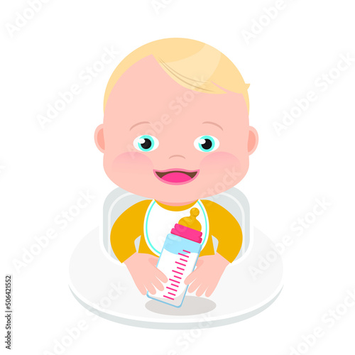 Cute little blue eyes baby boy with a baby milk bottle, cartoon illustration. White background.