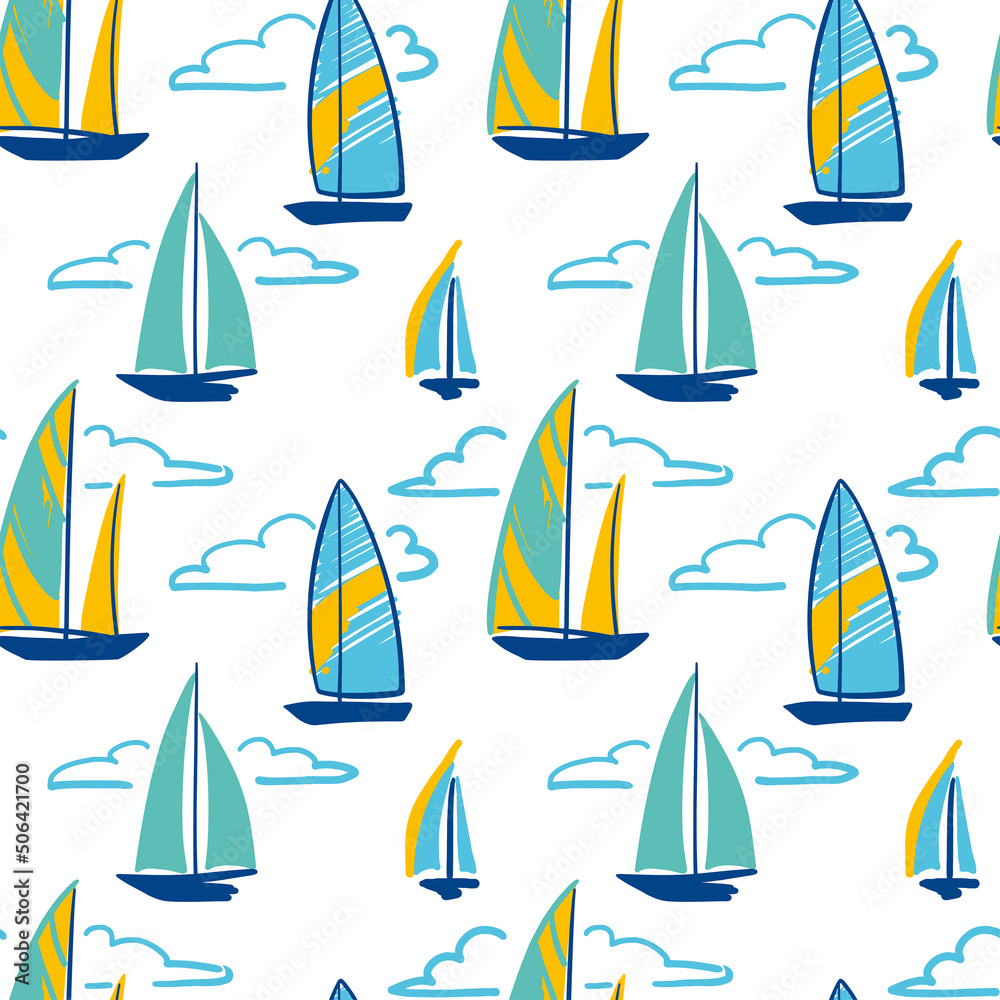 Sailboats at sea. Clouds in the sky on the ocean. Summer illustration.
Seamless pattern for fabric, wrapping, textile, wallpaper, apparel. Vector.