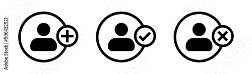 Add new user icon vector in black colors. Male person profile avatar with plus symbol.
