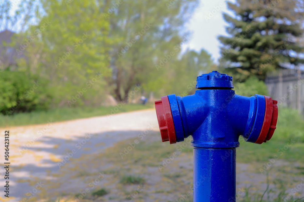 A blue fire hydrant standing at the edge of the road somewhere in Poland A blue fire hydrant standing at the edge of the road somewhere in Poland
