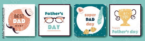 Happy Father's Day greeting square card set. Cute backgrounds with mustache, glasses, necktie, bow, champion cup. Modern vector illustrations for social media post, promotion, ads, postcard design