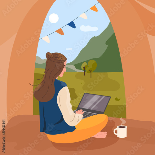 Happy woman freelancer traveler working online using laptop and enjoying beautiful nature mountain landscape. Workation concept. Color flat vector illustration