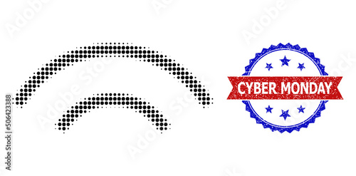 Halftone radio signal icon, and bicolor dirty Cyber Monday seal stamp. Halftone radio signal icon is made with small spheric items. Vector seal with scratched bicolored style,