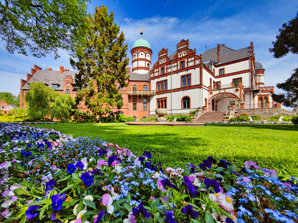 Palace of Wiligrad near Schwerin (Germany) behind a field of flowers