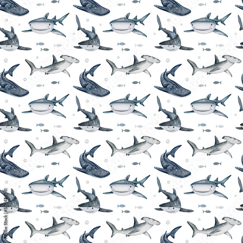 Watercolor cute shark seamless pattern. Nautical ocean print. Baby sharks illustration isolated on white background. For kids designs, postcards, greeting cards, invitations, wrappers, textile