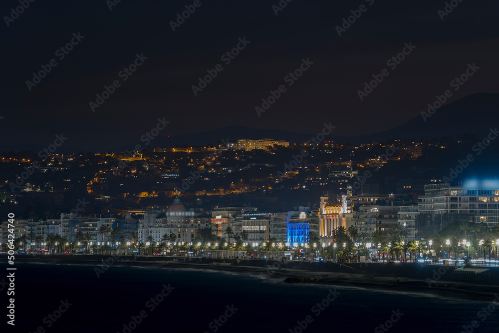 Nice, France - The city of Nice and its iconic Promenade des Anglais at night
