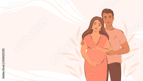 Future parents, pregnant woman. Child expectation, happy family concept. Banner about pregnancy and breastfeeding. Vector illustration.