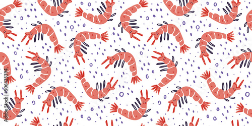 Vector seamless pattern with sea animals crab, shrimp. Creative design with crab, shrimp on the color background. Vector illustration. Textile pattern, print pattern.