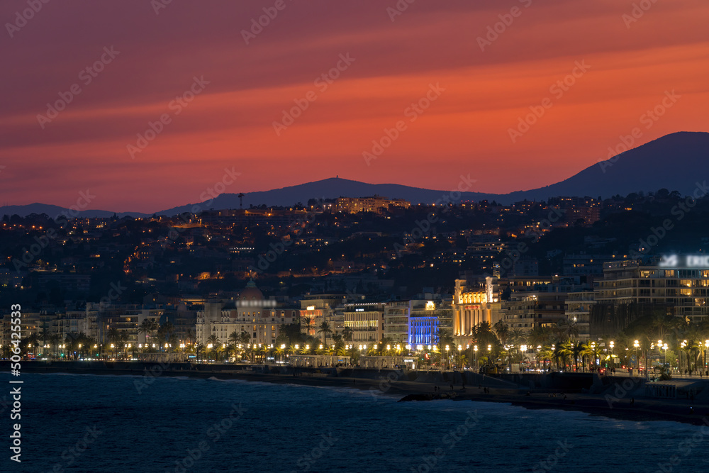 Nice, France - The city of Nice and its iconic Promenade des Anglais during the Twilight